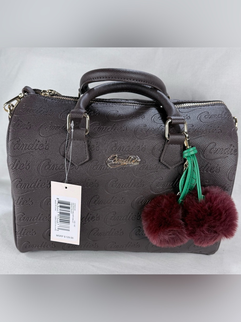 Candie's French Roast Brown Embossed Satchel with Green and Red Pom-Pom Charm